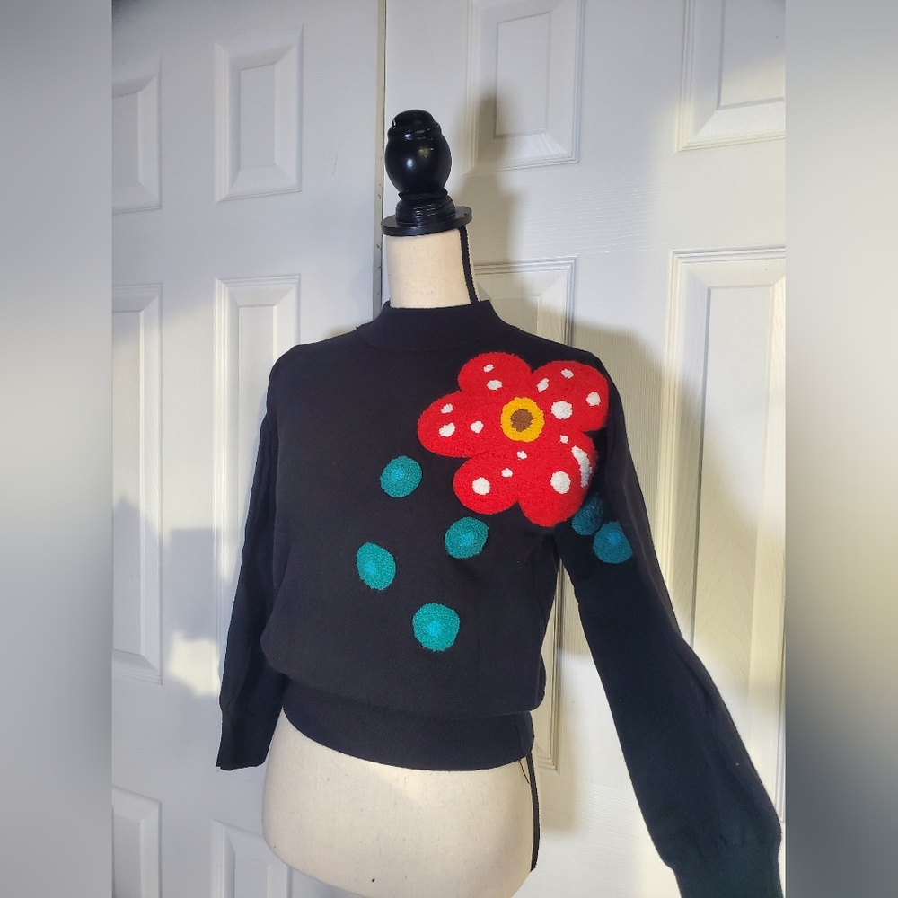 Came From A Rainy Sweater Womens Printed Sweater with Red Flower Design